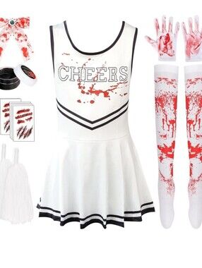 Zombie Cheerleader Costume Set Pantyhose Poms Stickers Fake Blood Gel Gloves Bow